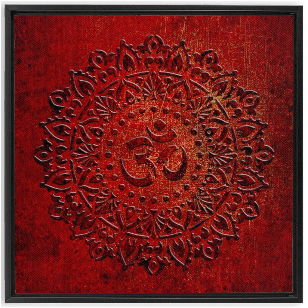 Om Symbol Mandala Style on Lava Red Background Printed on Canvas in a Floating Frame