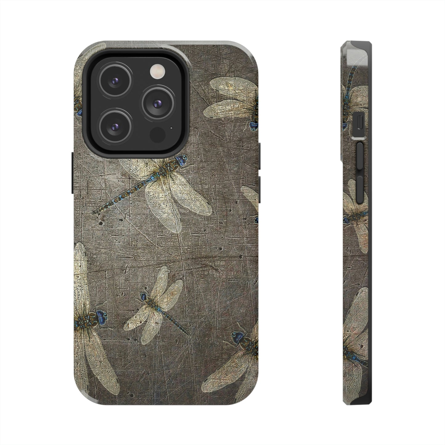 Dragonflies Print Tough Case for iPhone 14- Flight of Dragonflies on Distressed Gray Stone Print.