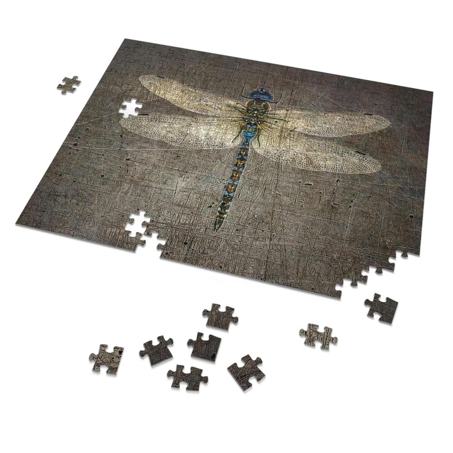 Dragonfly on Distressed Granite Background Puzzle 250 pieces in progress