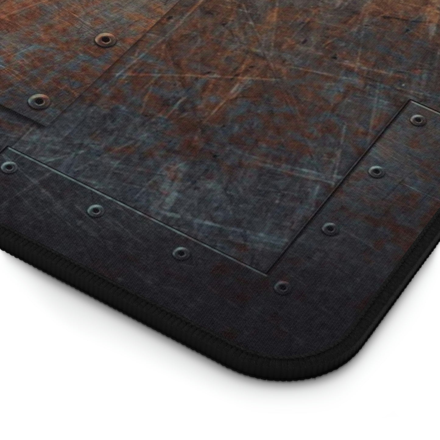 Steampunk Themed Desk Accessories - Patinated, Weather Beaten, Riveted Copper Sheets Print on Neoprene Desk Mat close up