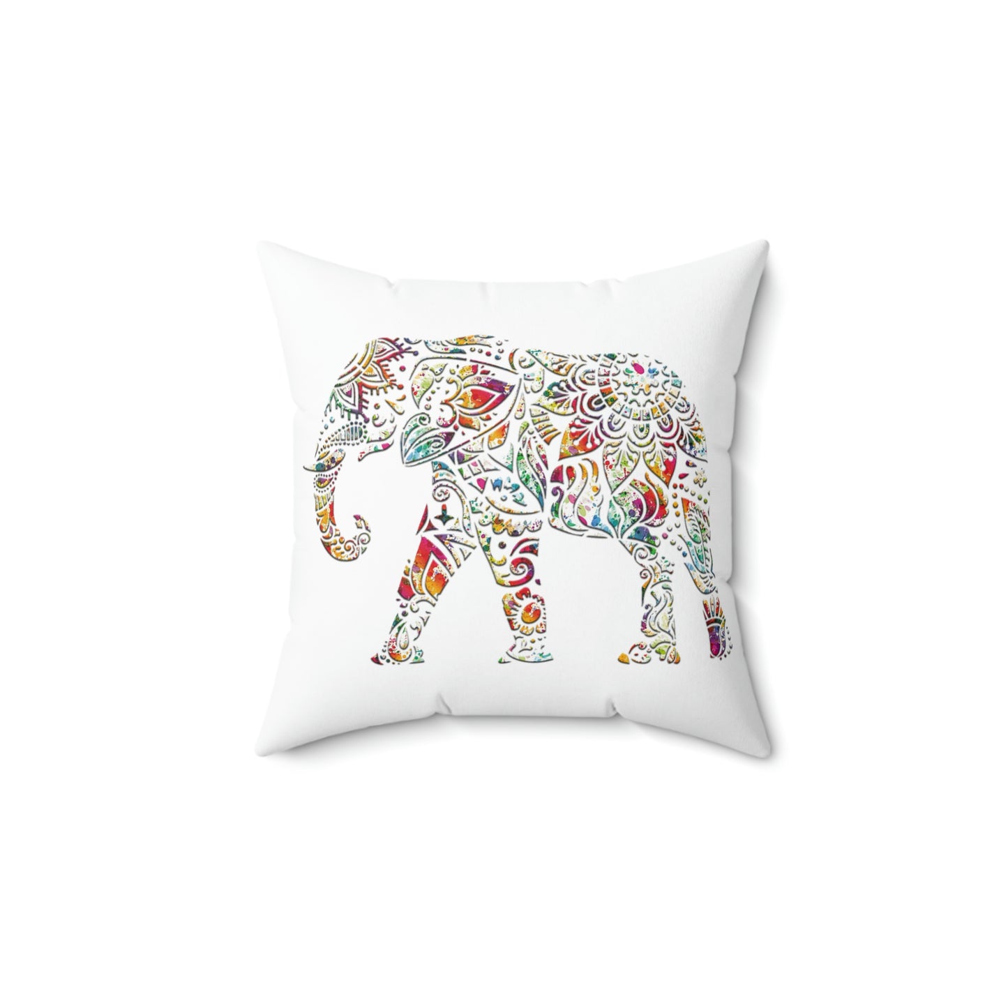 Multicolor Indian Elephant Mandala Style on White Background Spun Polyester Square Pillow.