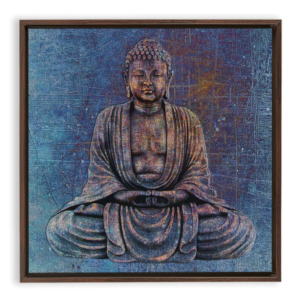 Sitting Buddha on Distressed Stone With Blue Hues Floating Frame Canvas