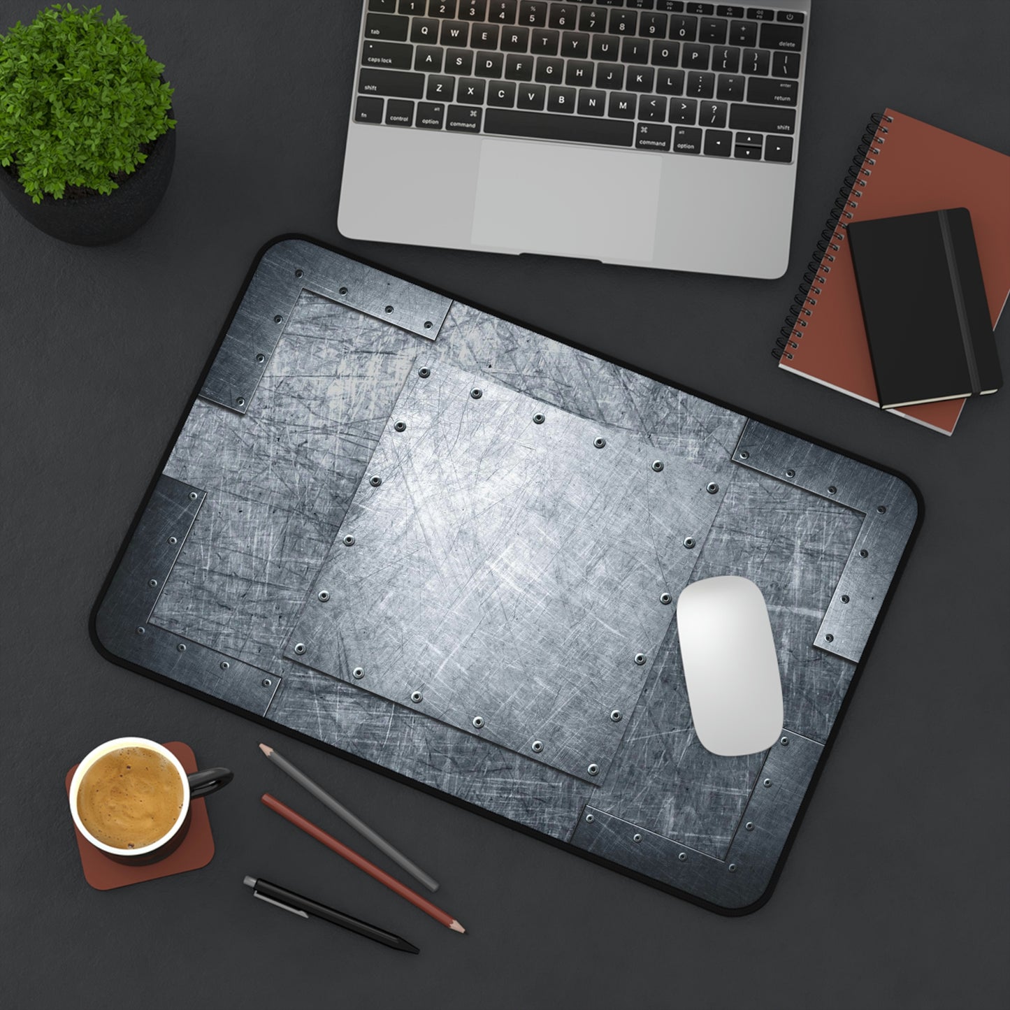 Industrial Themed Desk Accessories - Riveted Steel Sheets Print on Neoprene Desk Mat 12 by 18 on desk with laptop