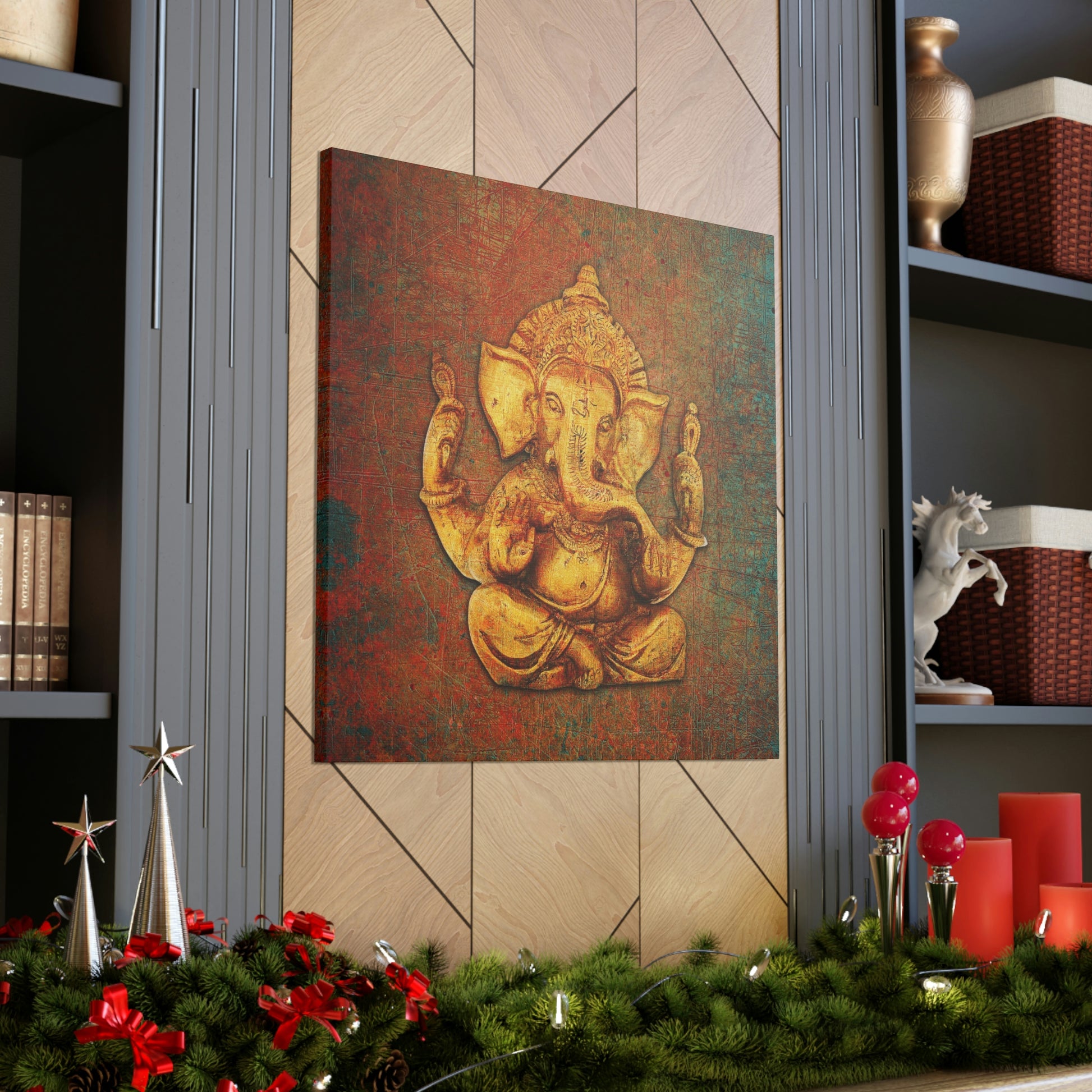 Ganesha on a Distressed Background Printed on Unframed Stretched Canvas hung on wood panel
