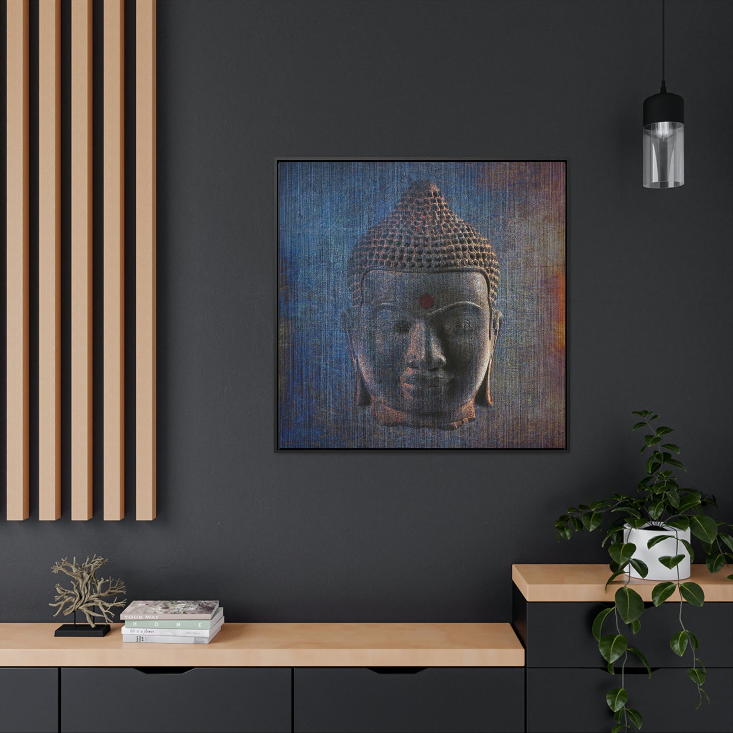 Distressed Blue Buddha Head Print on Square Canvas in a Floating Frame hung on dark wall