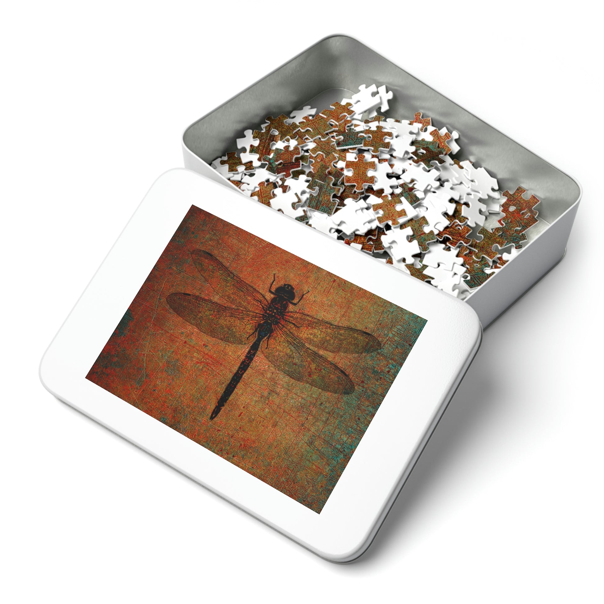 Dragonfly on Brown Stone Background Puzzle 250 pieces in tin