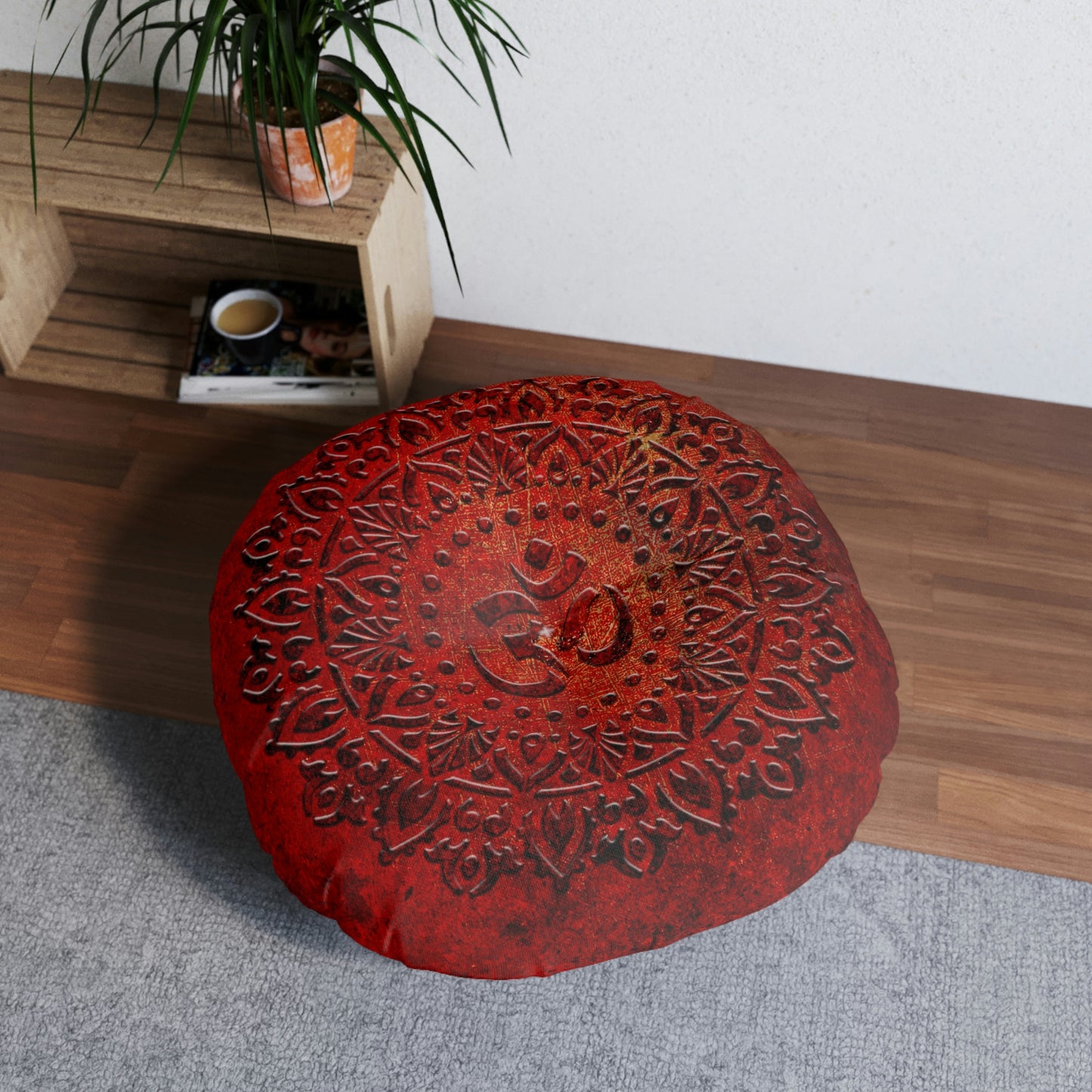 Mandala Style Om Symbol on Lava Red Background Print on Round Tufted Floor Pillow 30x30