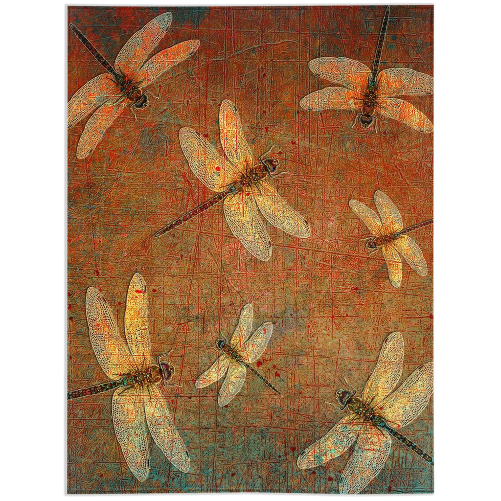 Dragonfly Themed Blankets - Flight of Dragonflies on Distressed Orange and Green Background Printed on Minky Blanket