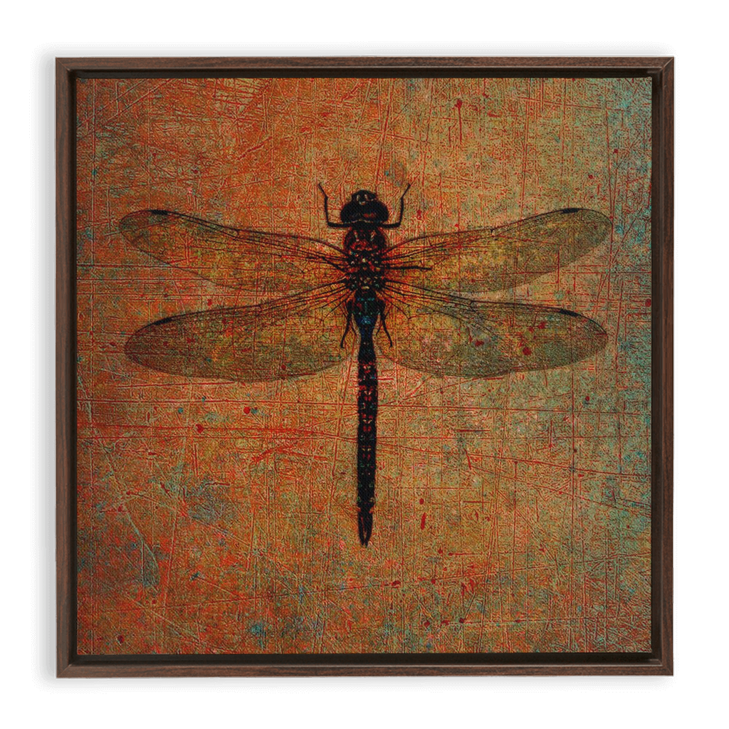 Dragonfly on Distressed Brown Background Square Floating Frame Canvas 6 sizes available