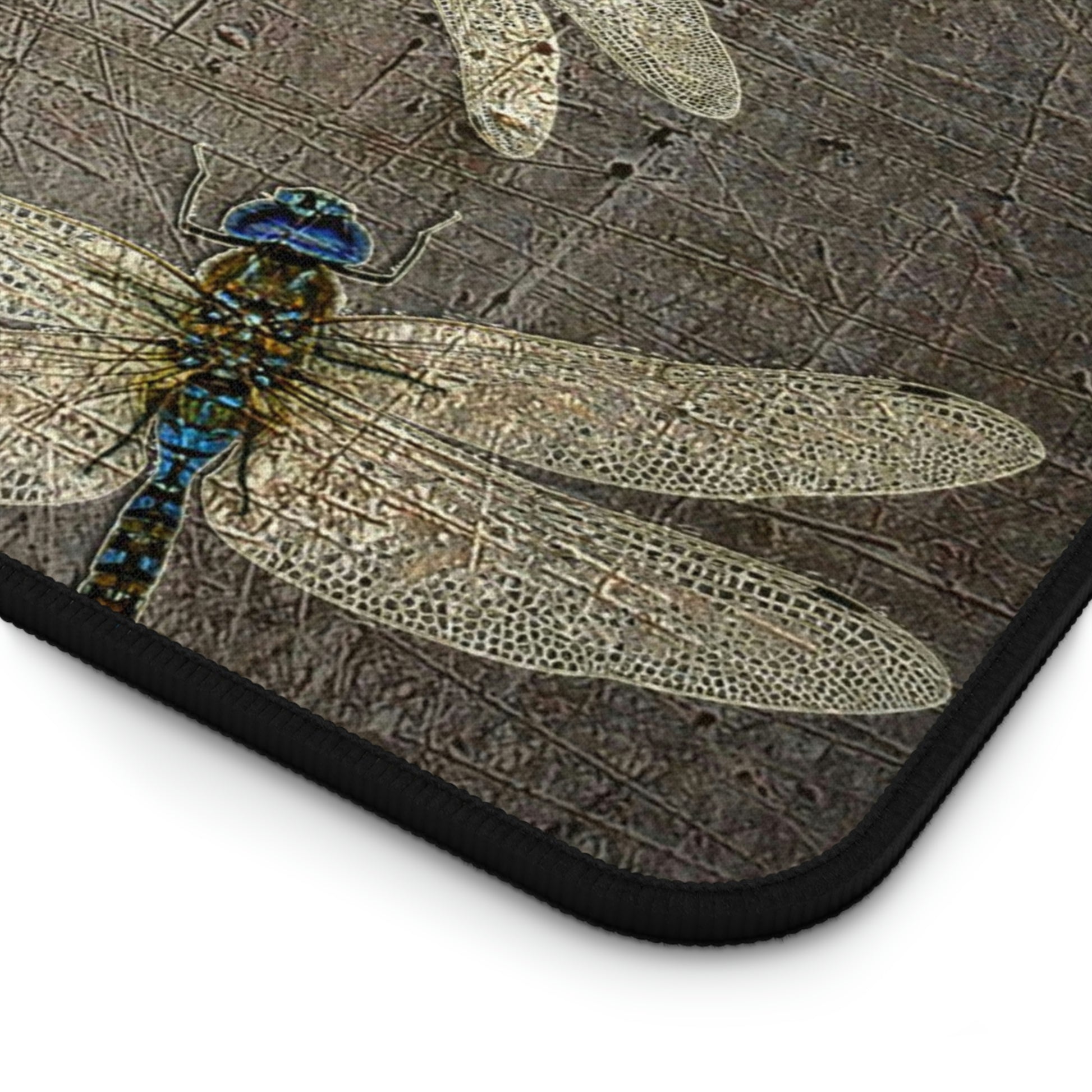 Dragonfly Desk Mat - Flight of Dragonflies on Distressed Grey Background Print 12x22 close up