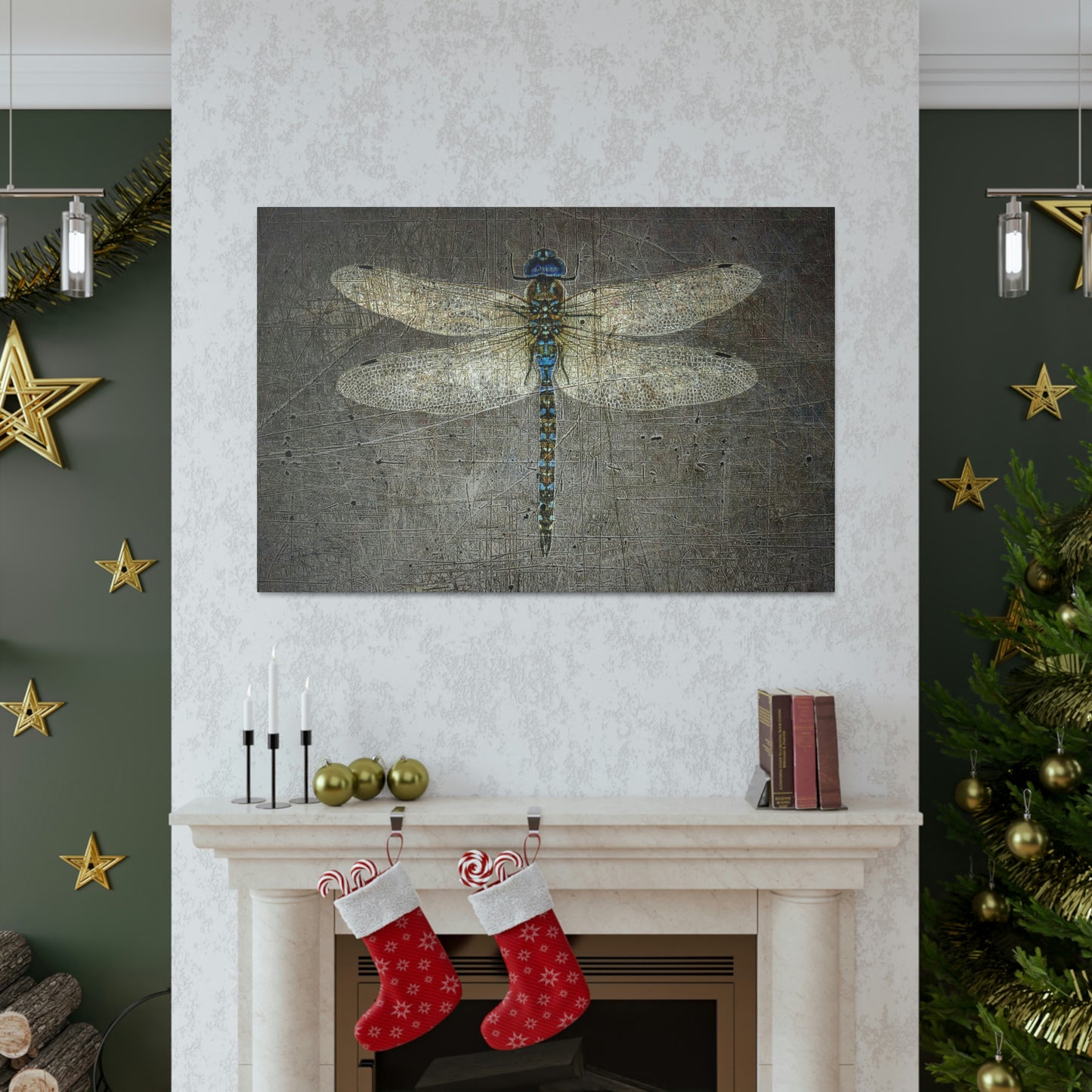 Dragonfly on Distressed Stone Background Rectangular Print on Unframed Stretched Canvas above mantle