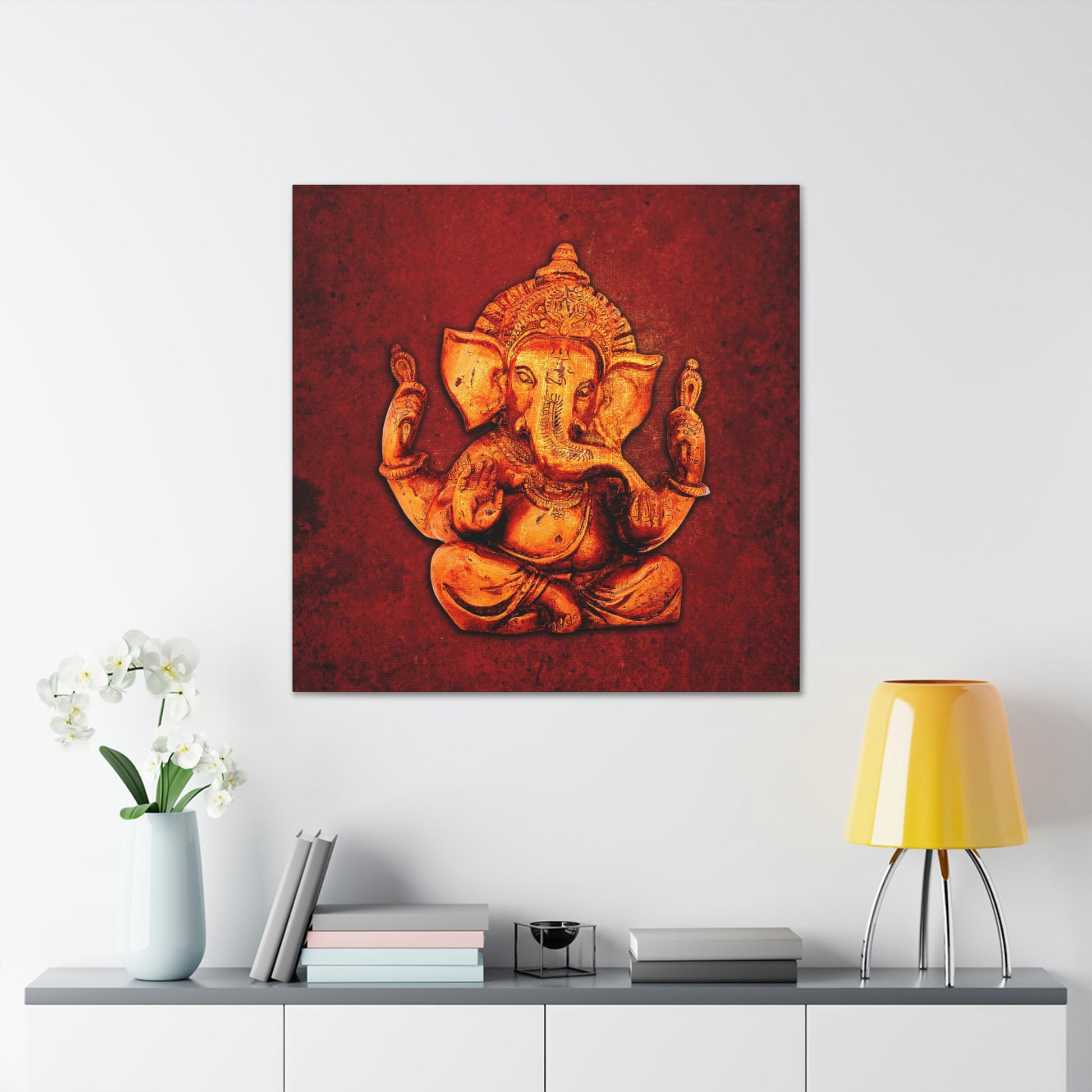 Ganesha on a Distressed Lava Red Background Print on Unframed Stretched Canvas hung on wall