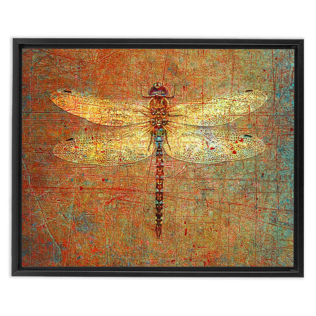 Golden Dragonfly on Distressed Stone Background Floating Frame Canvas