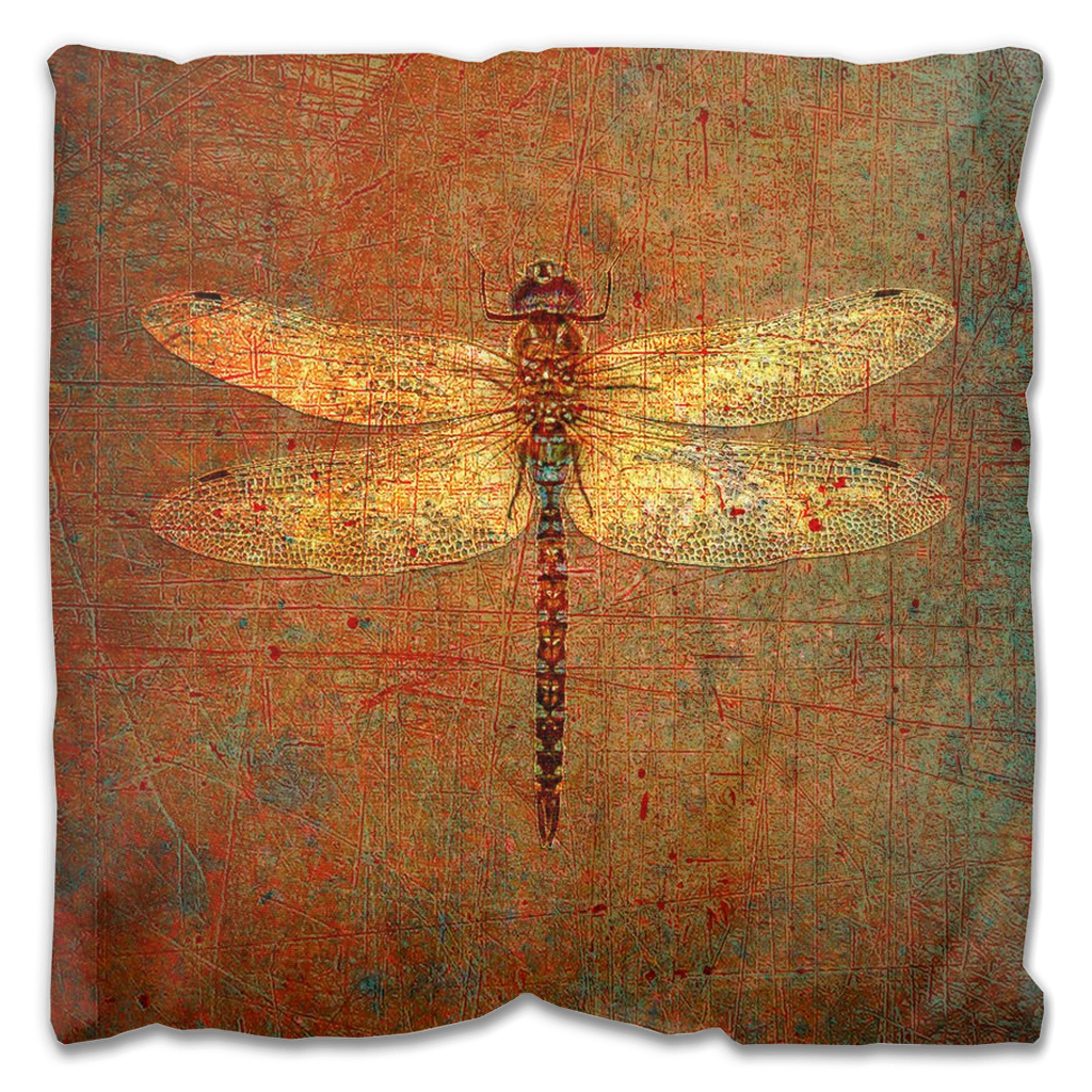 Double Sided Outdoor Pillows - Golden Dragonfly on Distressed Orange Background front