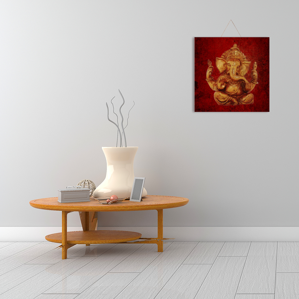 Gold Ganesha on a Distressed Lava Red Background Print on Wood 16" x 16"