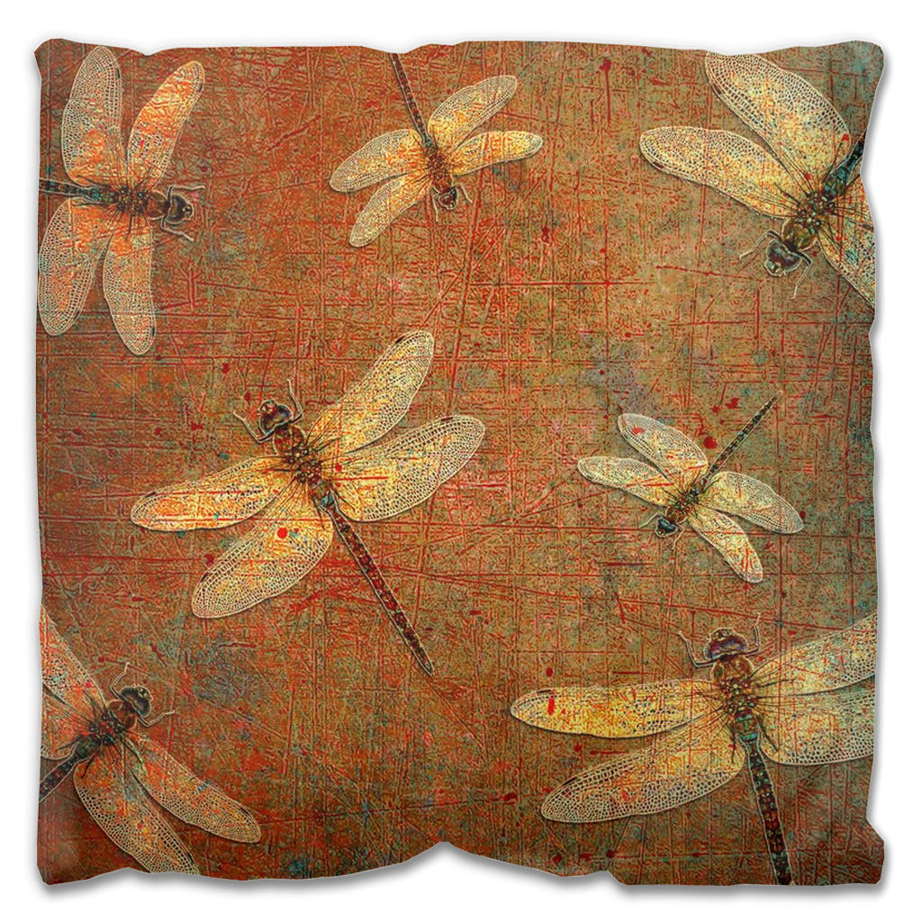 Double Sided Outdoor Pillows - Golden Dragonfly on Distressed Orange Background back