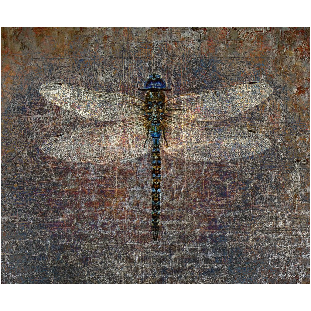 Dragonfly Wall Art Dragonfly on Distressed Bricks Purple and Blue Filters Printed on Eco Friendly Recycled Aluminum