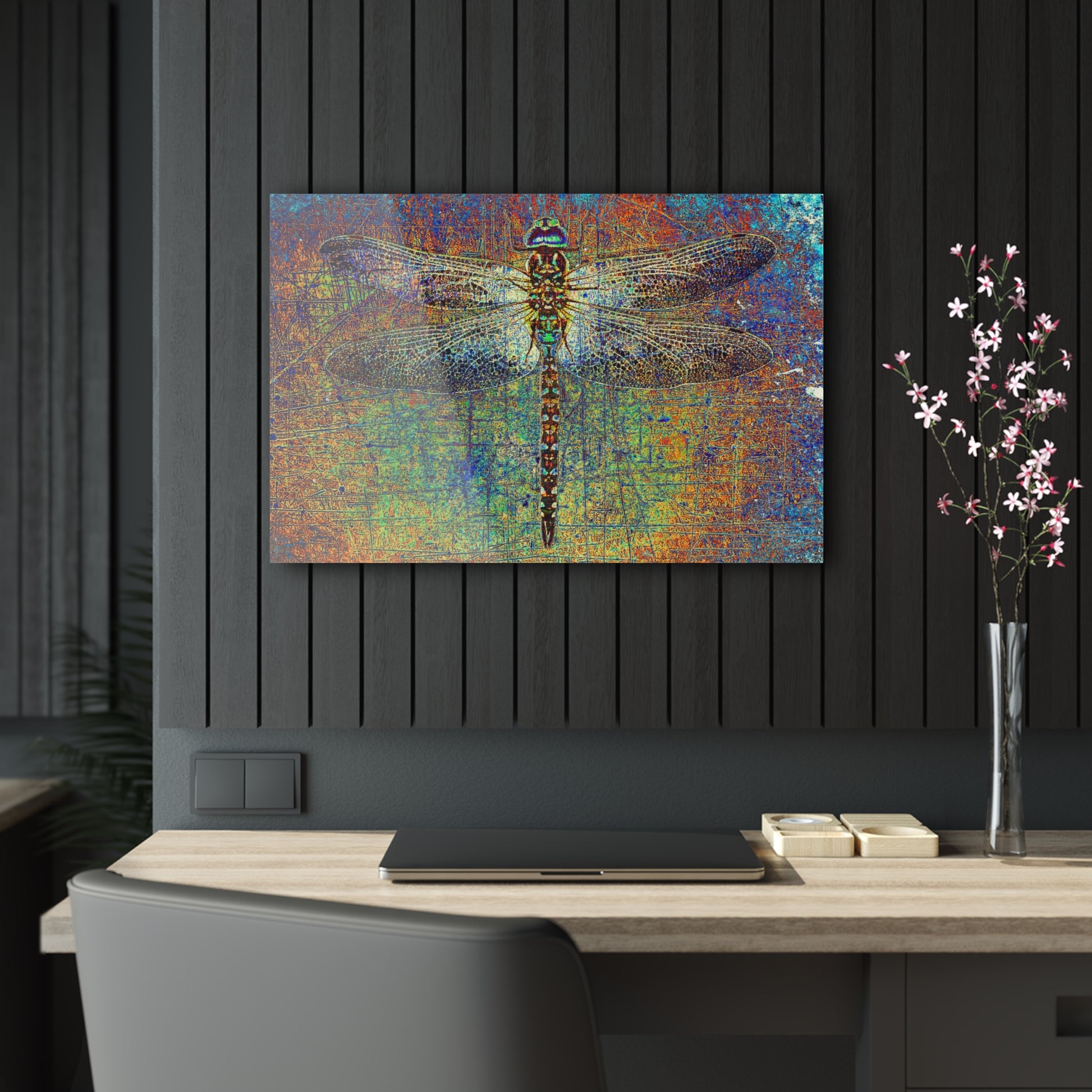 Dragonfly on Multicolor Background Printed on a Crystal Clear Acrylic Panel 30x20 hung on dark wall