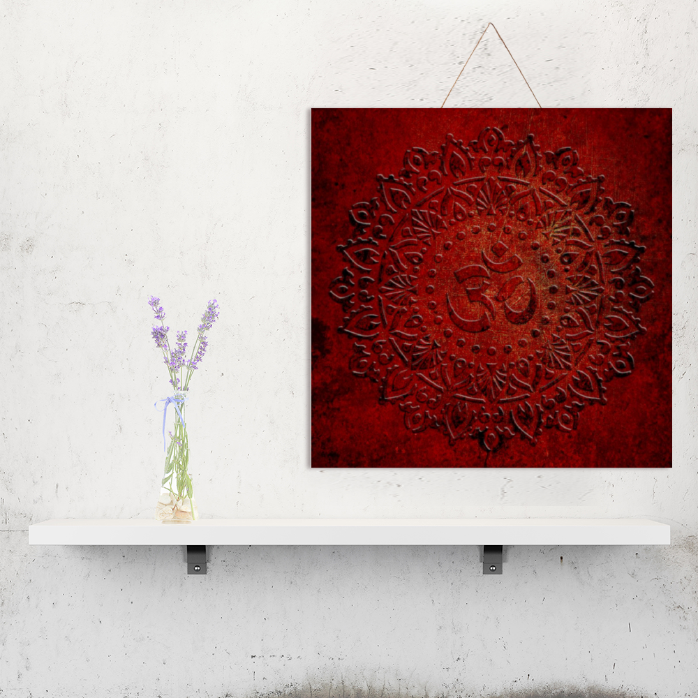 Om Symbol Mandala Style on Red Background Printed Wooden Plaque hung