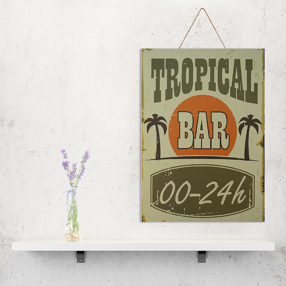 Tropical Bar Print on Wood 10" x 14" - Man Cave and Tiki Bar Decor