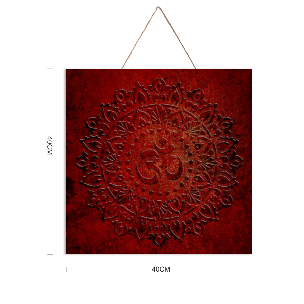 Om Symbol Mandala Style on Red Background Printed Wooden Plaque with dimensions