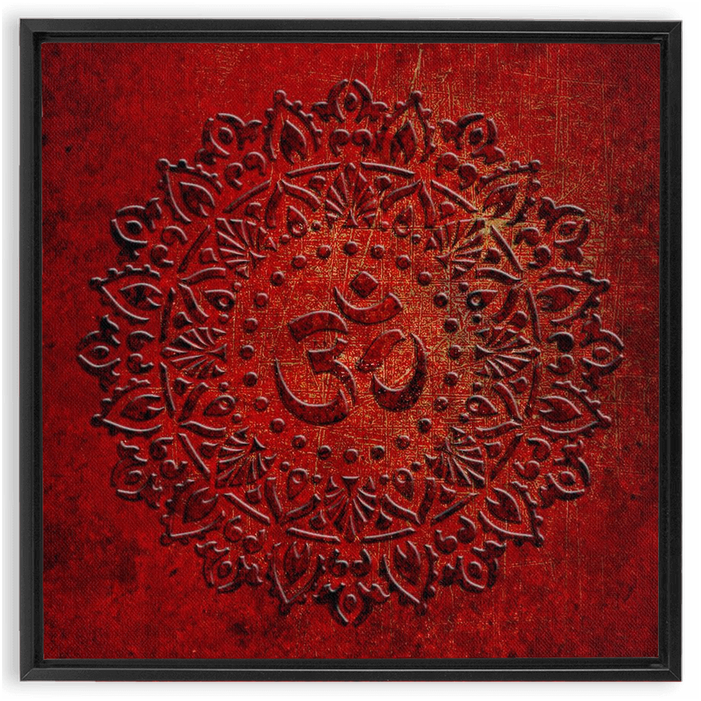 Om Symbol Mandala Style on Lava Red Background Printed on Canvas in a Floating Frame
