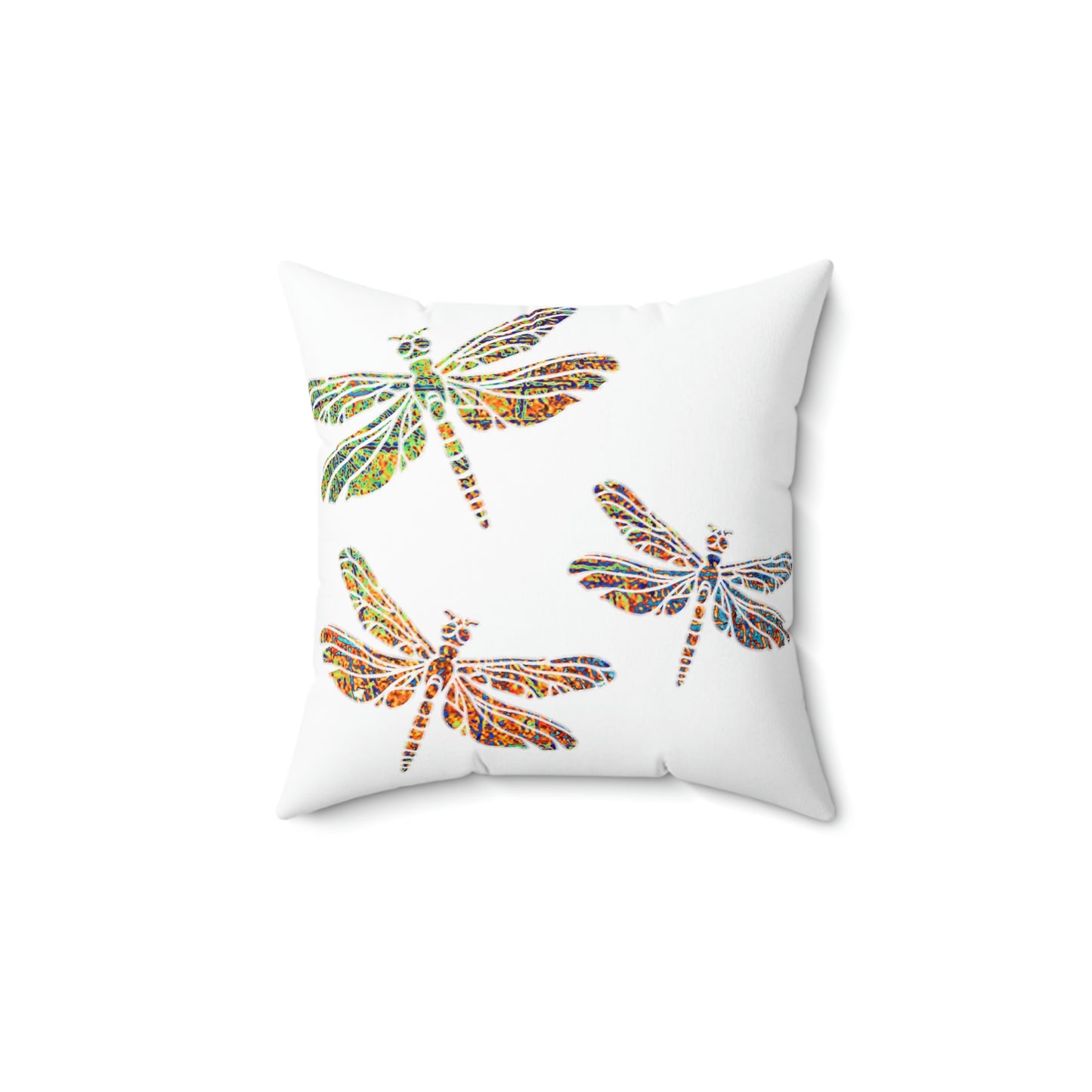 Minimalist square white pillow with 3 colorful Dragonflies print 3 sizes available