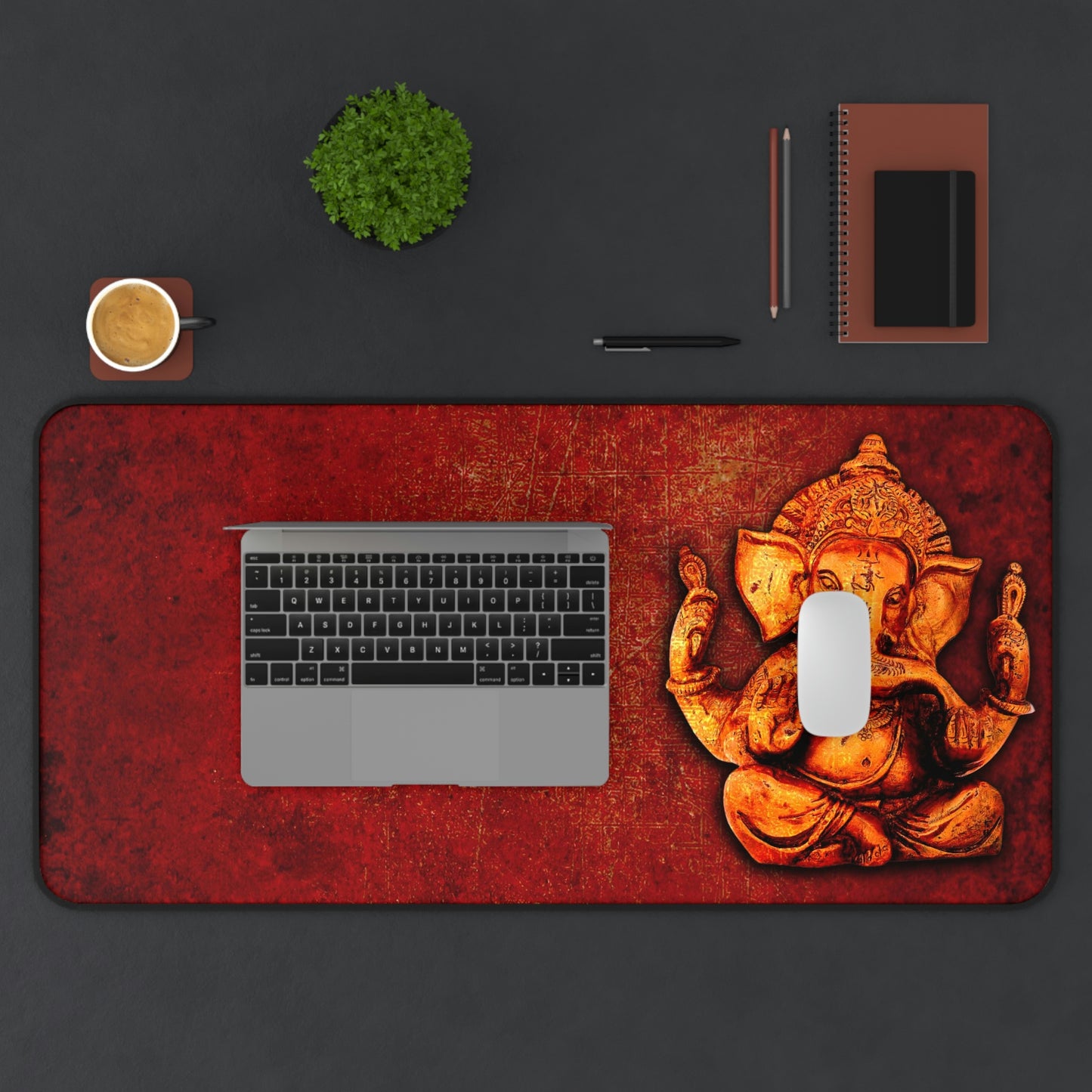 Gold Ganesha on Lava Red Background Print on Neoprene Desk Mat 15.5 by 31 with laptop