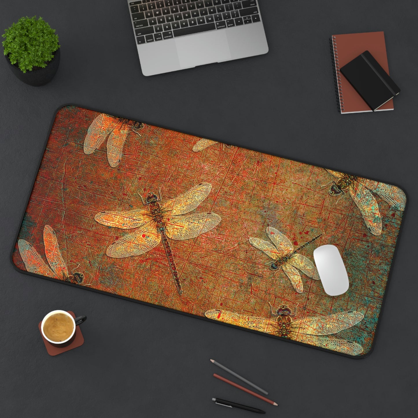 Dragonfly Desk Mat - Flight of Dragonflies on Brown and Orange Background 15.5x31 on desk