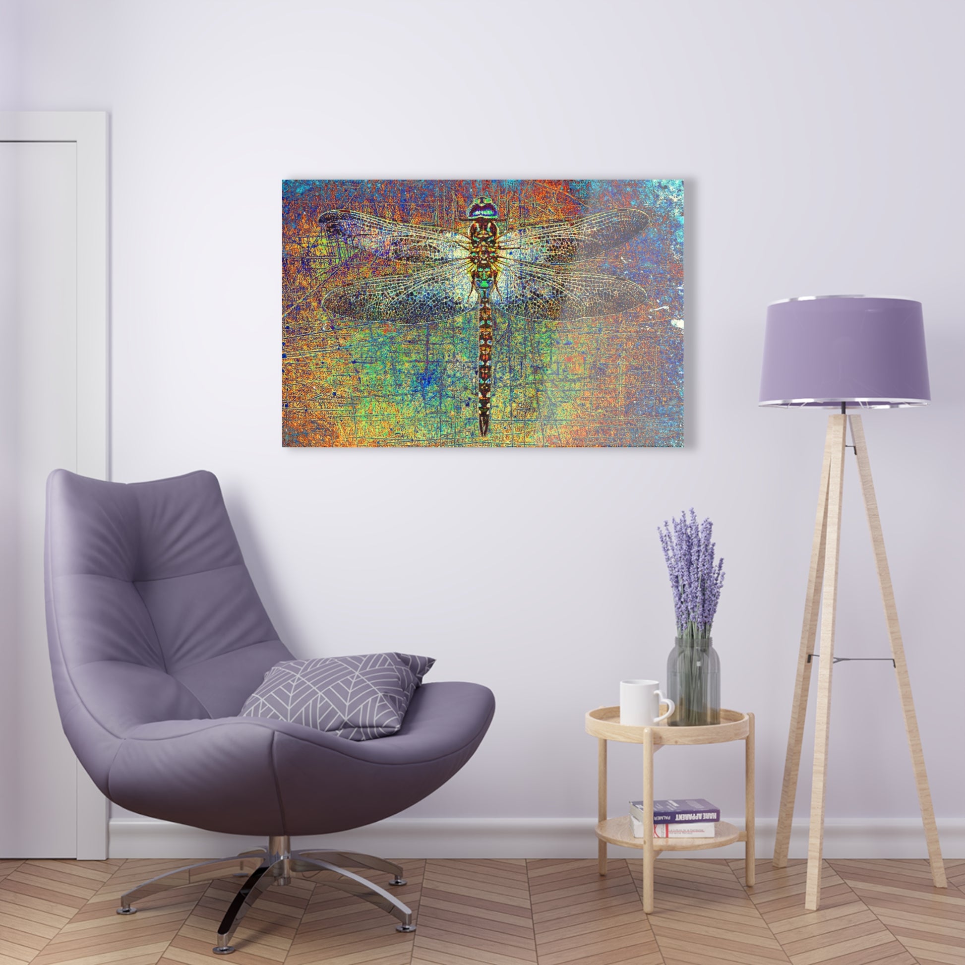 Dragonfly on Multicolor Background Printed on a Crystal Clear Acrylic Panel 36x24 hung on white wall