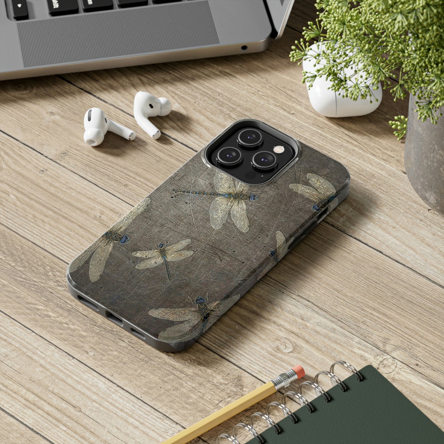 Dragonflies Print Tough Case for iPhone 14- Flight of Dragonflies on Distressed Gray Stone Print.