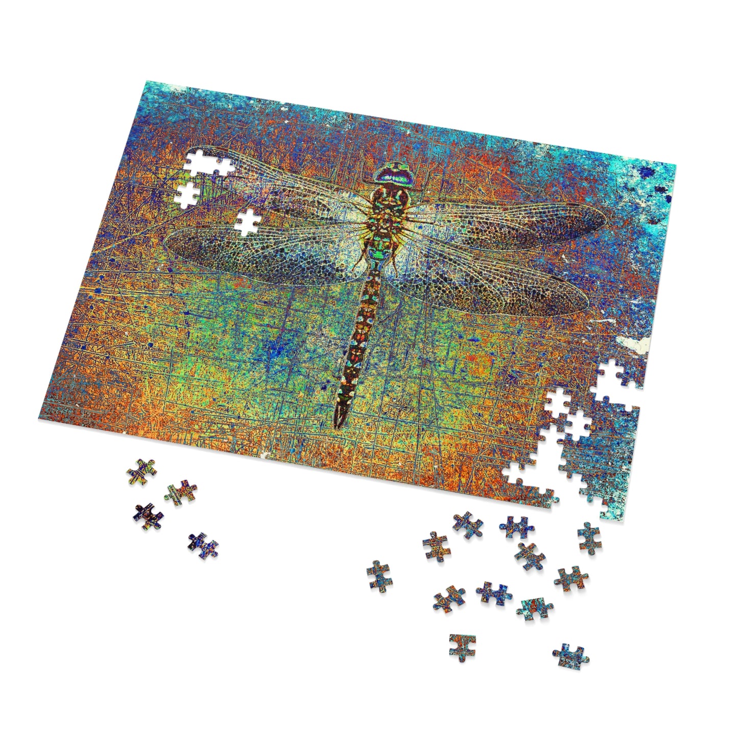 Dragonfly Themed Puzzle and Game - Dragonfly on Multicolor Background 500 Pieces Puzzle in process
