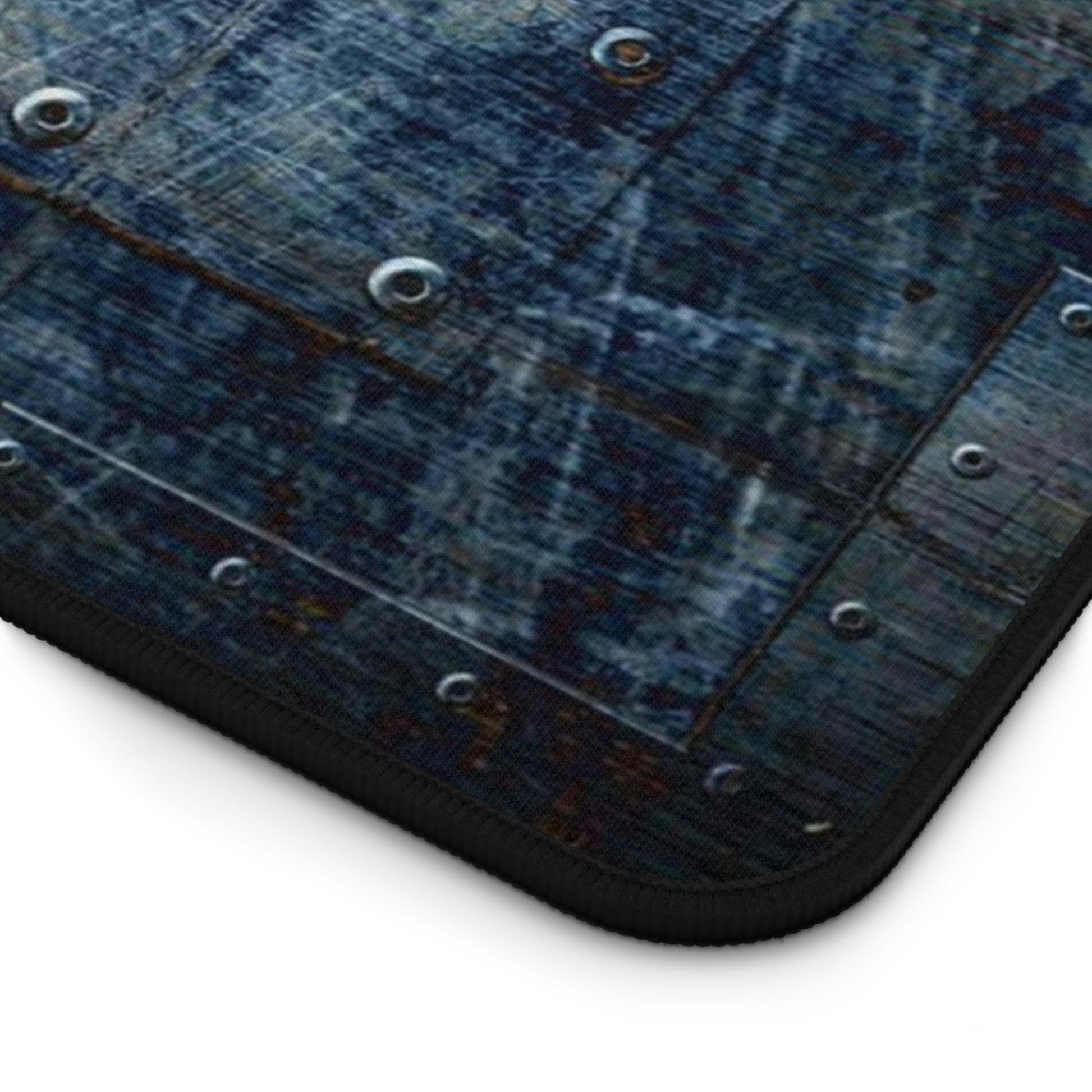 Steampunk Themed Desk Accessories - Distressed, Blued Steel Sheets on Neoprene Desk Mat 15.5 by 31 close up