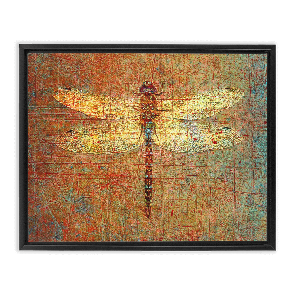 Golden Dragonfly on Distressed Stone Background Floating Frame Canvas 6 sizes available