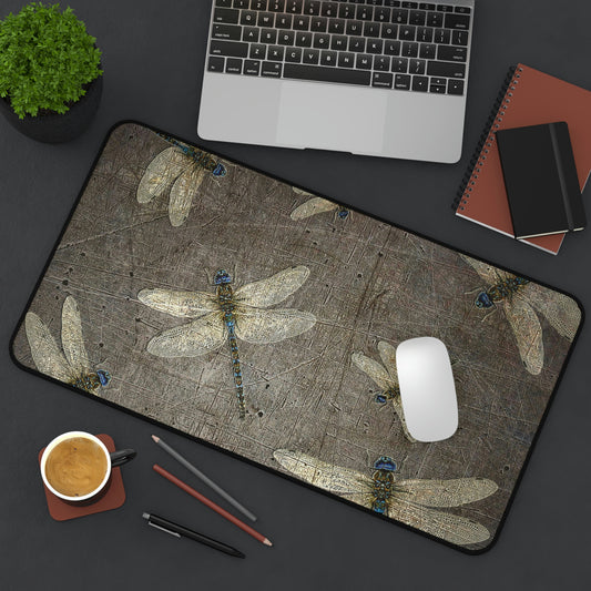 Dragonfly Desk Mat - Flight of Dragonflies on Distressed Grey Background Print 12x22 in situ