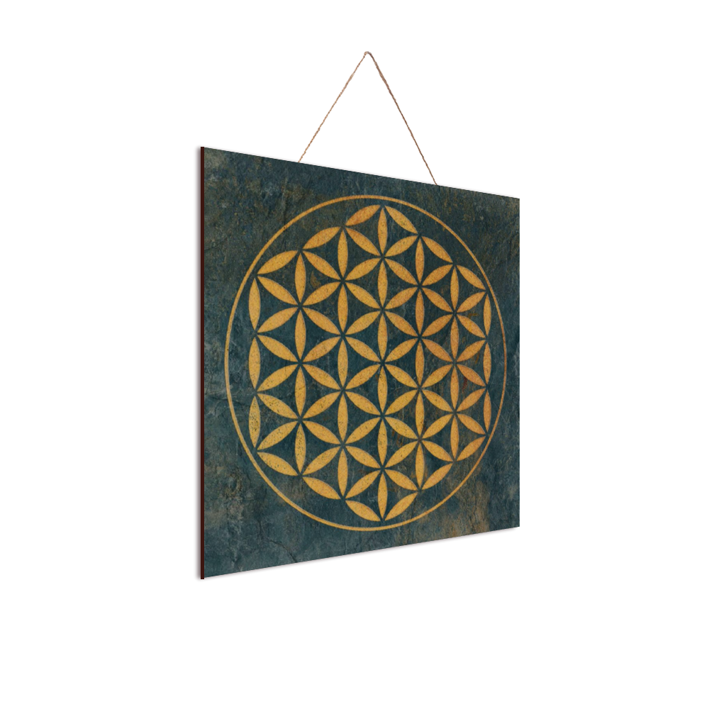 Distressed Gold Flower of Life on Slate Green Background Print on Wood side view