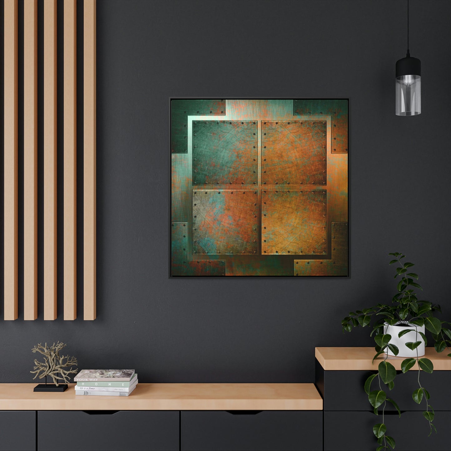 Steampunk Themed Wall Decor - Patinated, Riveted Copper Sheets Print on Canvas in a Floating Frame hung on black wall