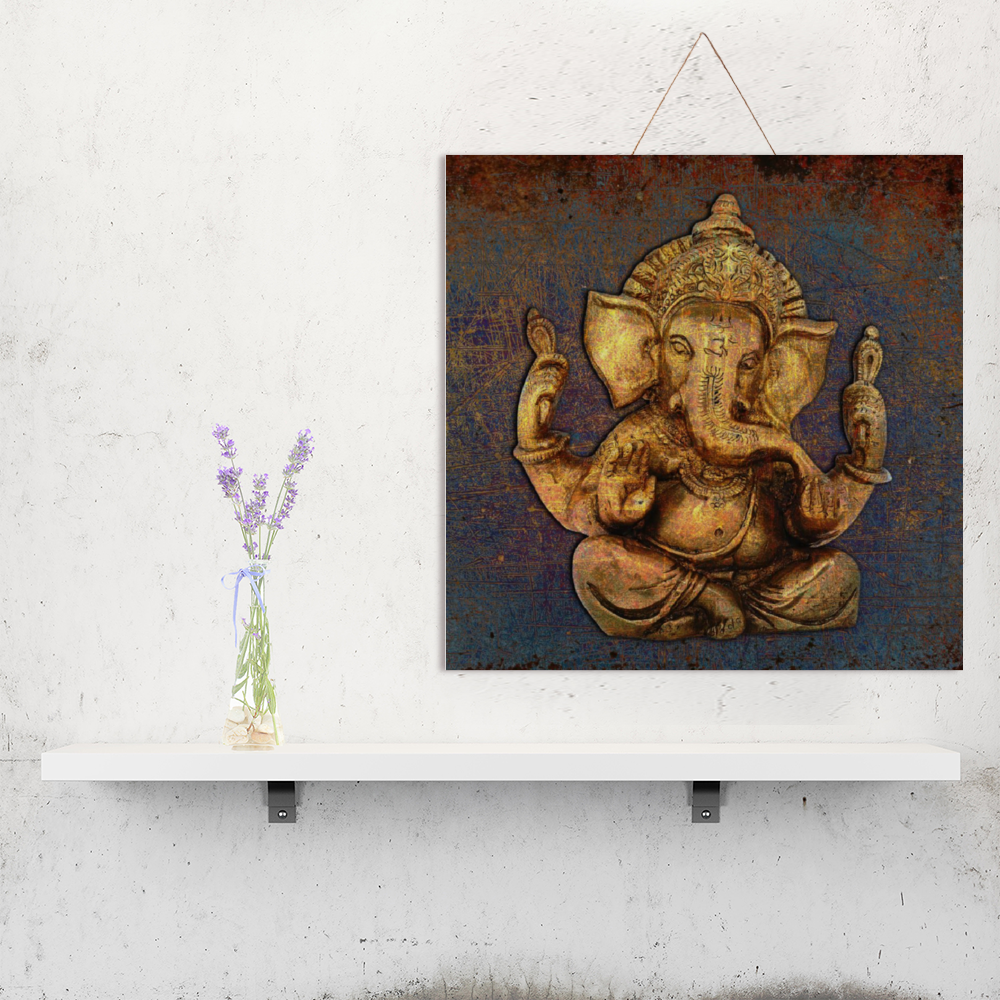Ganesha on a Distressed Purple and Orange Background Print on Wood hung on wood