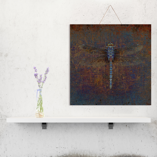 Dragonfly on Distressed Purple and Orange Background Print on Wood hung