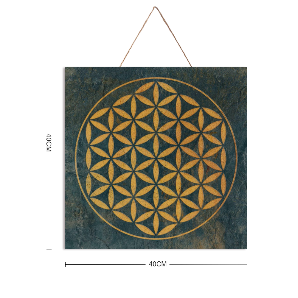 Distressed Gold Flower of Life on Slate Green Background Print on Wood with dimensions