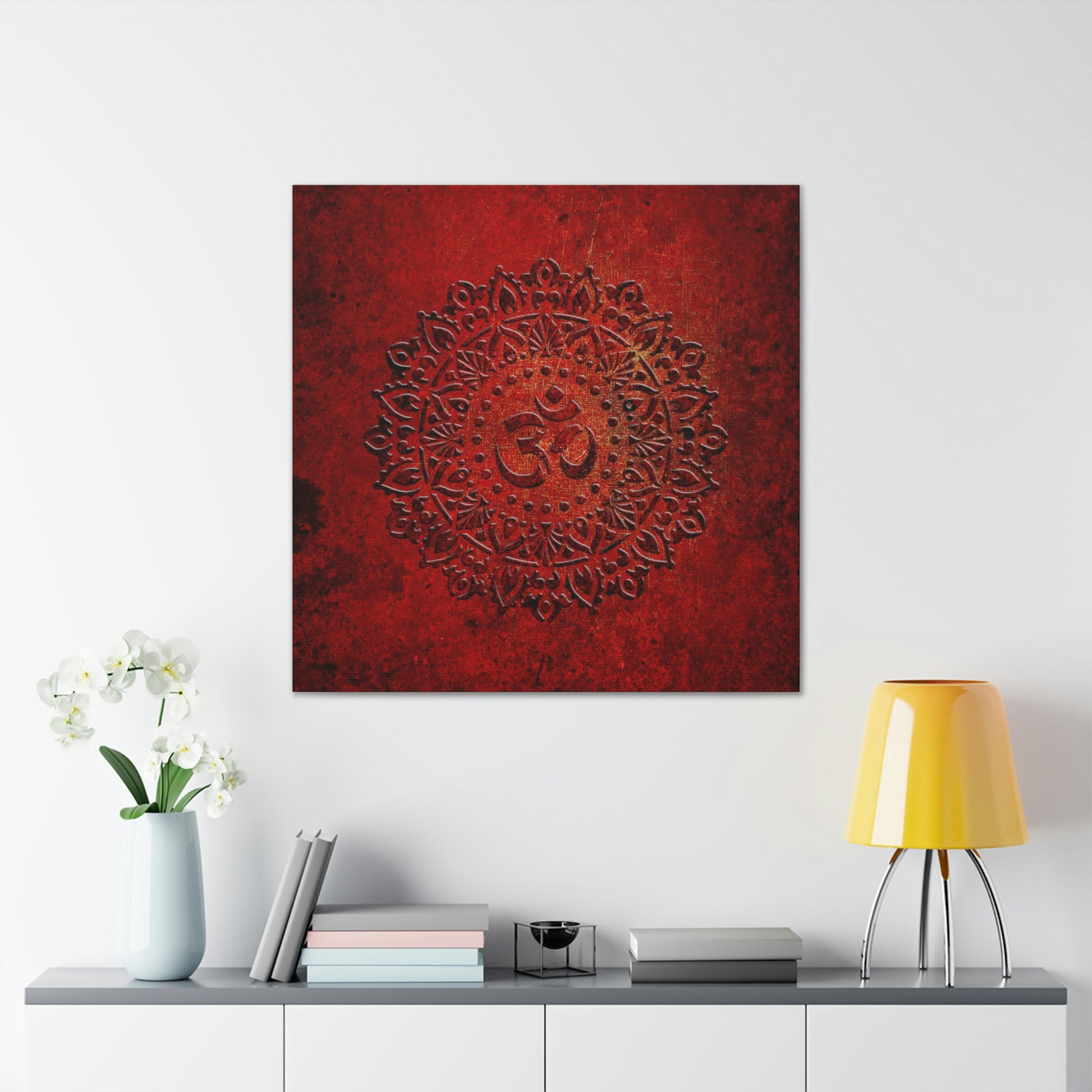 Om Symbol Mandala Style on Lava Red Background Printed on Unframed Stretched Canvas hung on wall