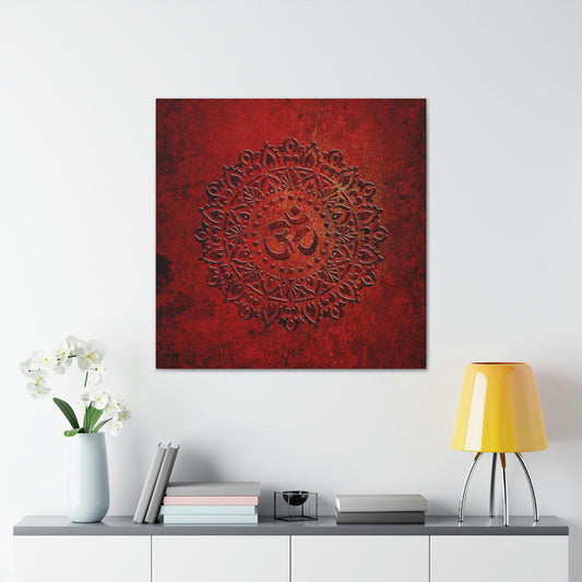 Om Symbol Mandala Style on Lava Red Background Printed on Unframed Stretched Canvas hung on wall