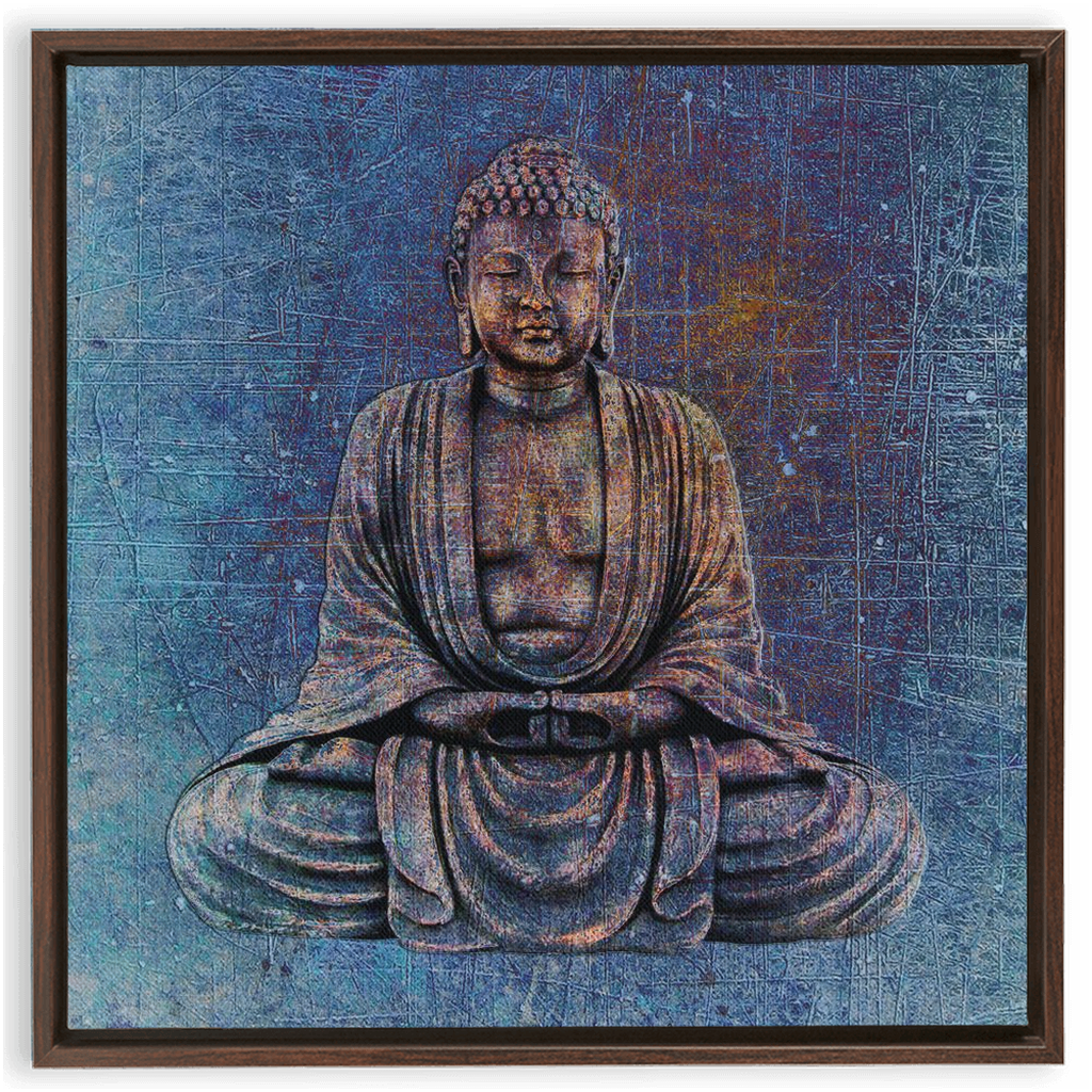Sitting Buddha on Distressed Stone With Blue Hues Floating Frame Canvas 6 sizes available