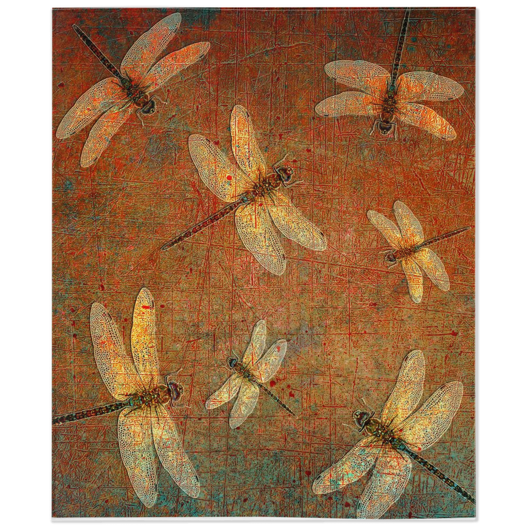 Dragonfly Themed Blankets - Flight of Dragonflies on Distressed Orange and Green Background Printed on Minky Blanket 2 sizes available