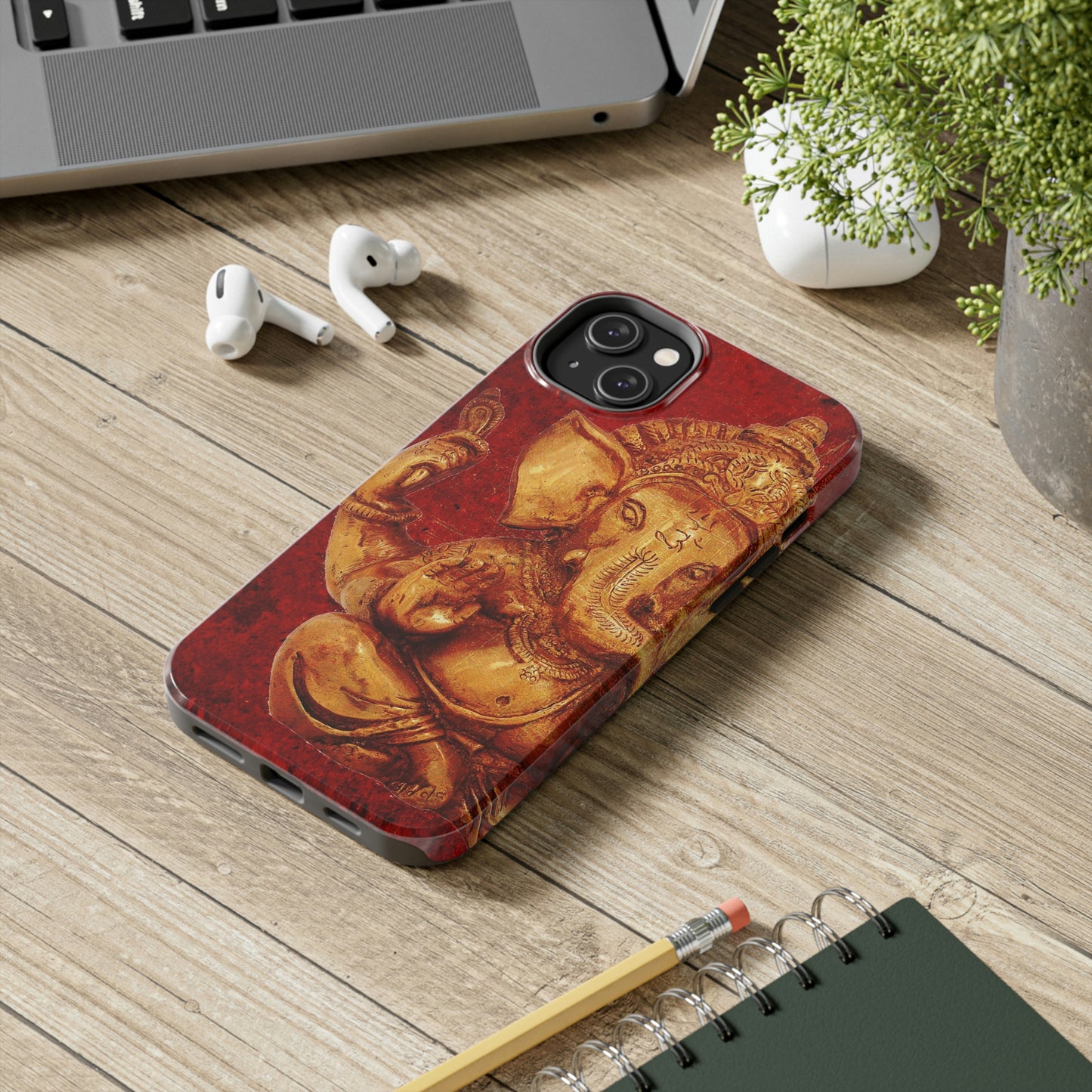 Ganesh Themed Tough Case for iPhone 14 - Gold Ganesha on Lava Red Print Phone Case for iPhone 14