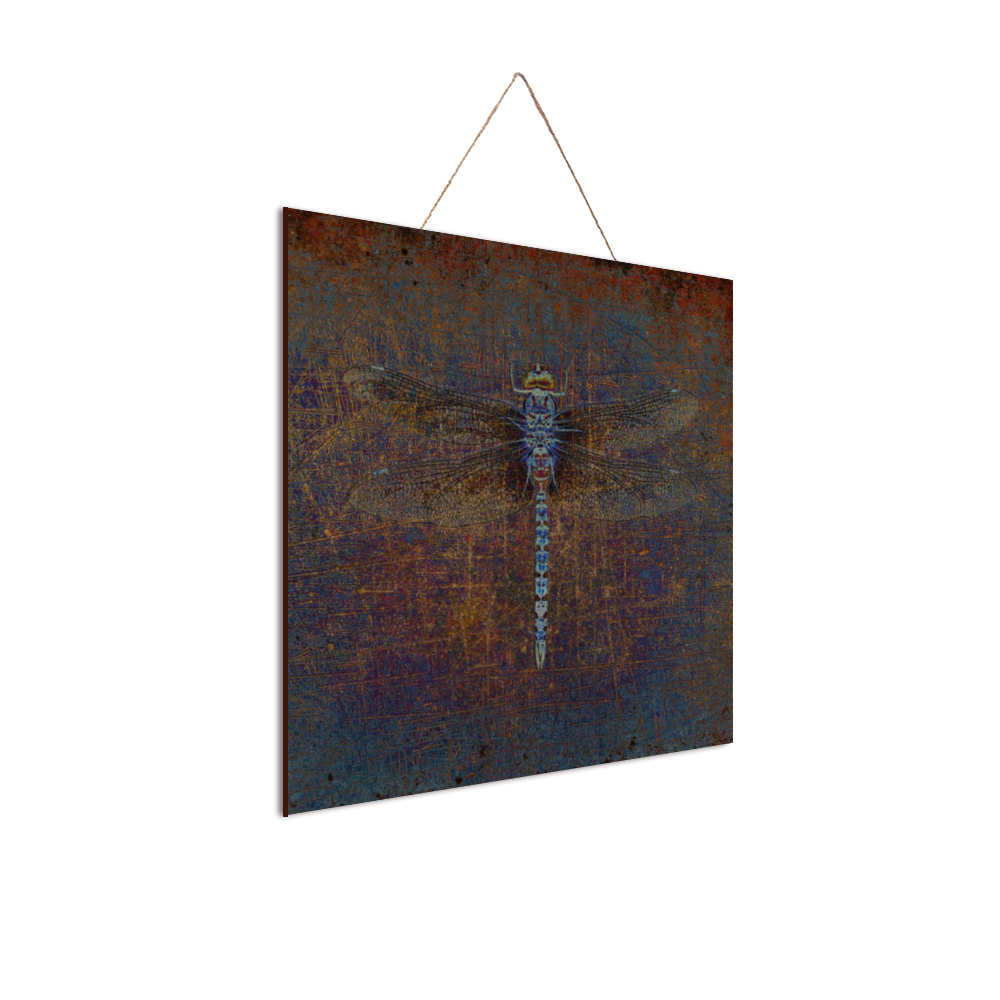 Dragonfly on Distressed Purple and Orange Background Print on Wood side view