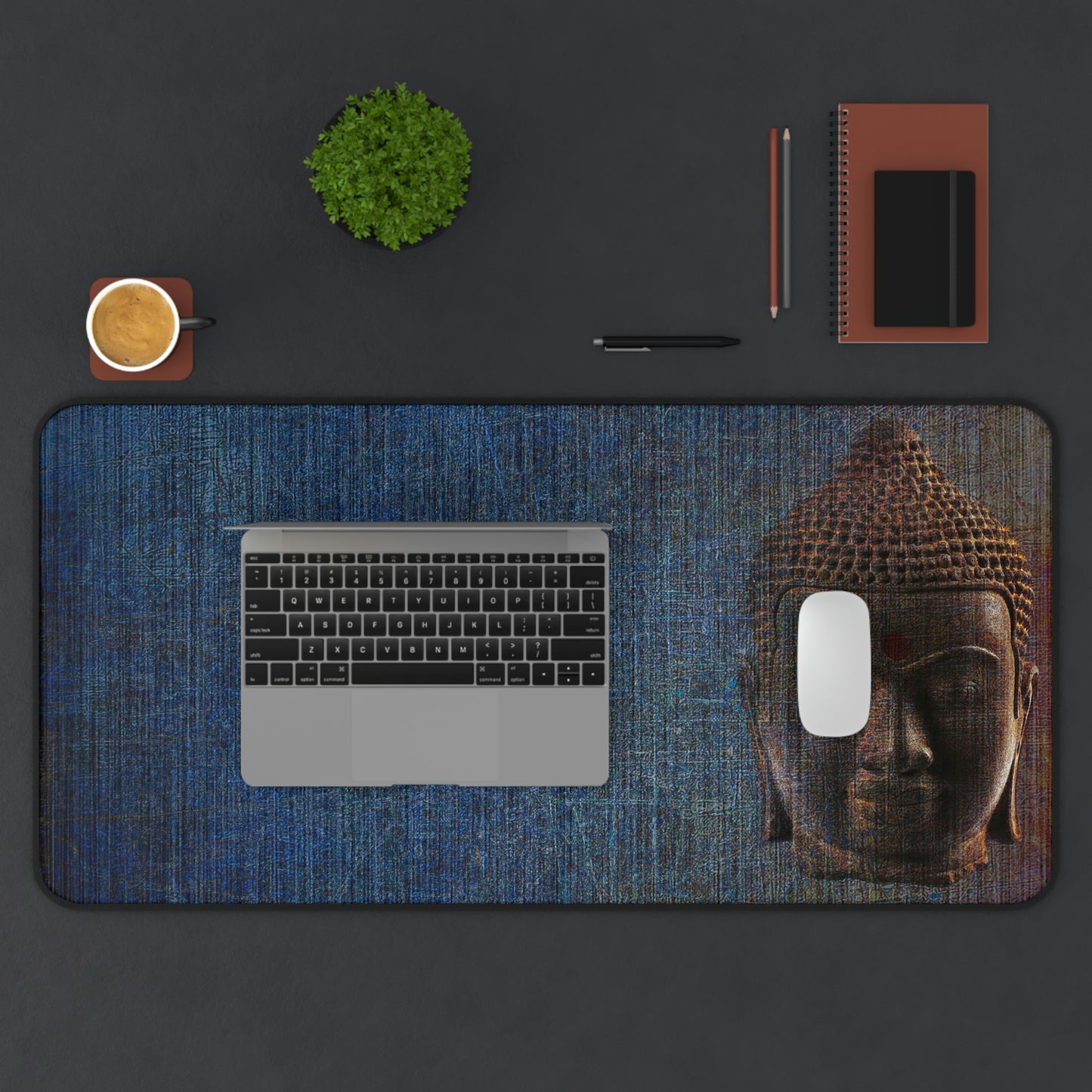 Buddha Themed Desk Accessories - Blue Buddha Head Neoprene Desk mat 15.5 by 31 with laptop