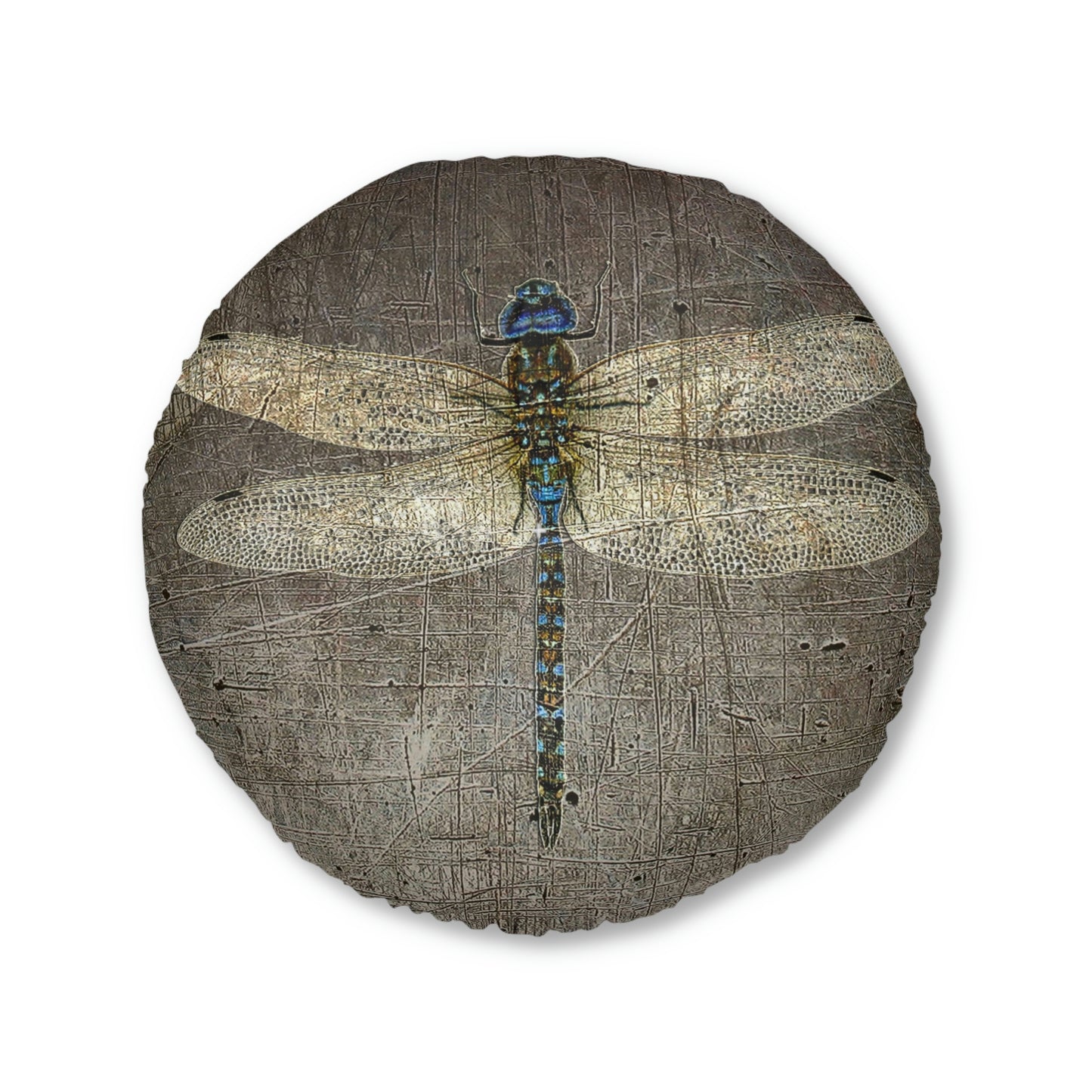 Dragonfly on Distressed Stone Background Print on 2 Sided Round Tufted Floor Pillow.