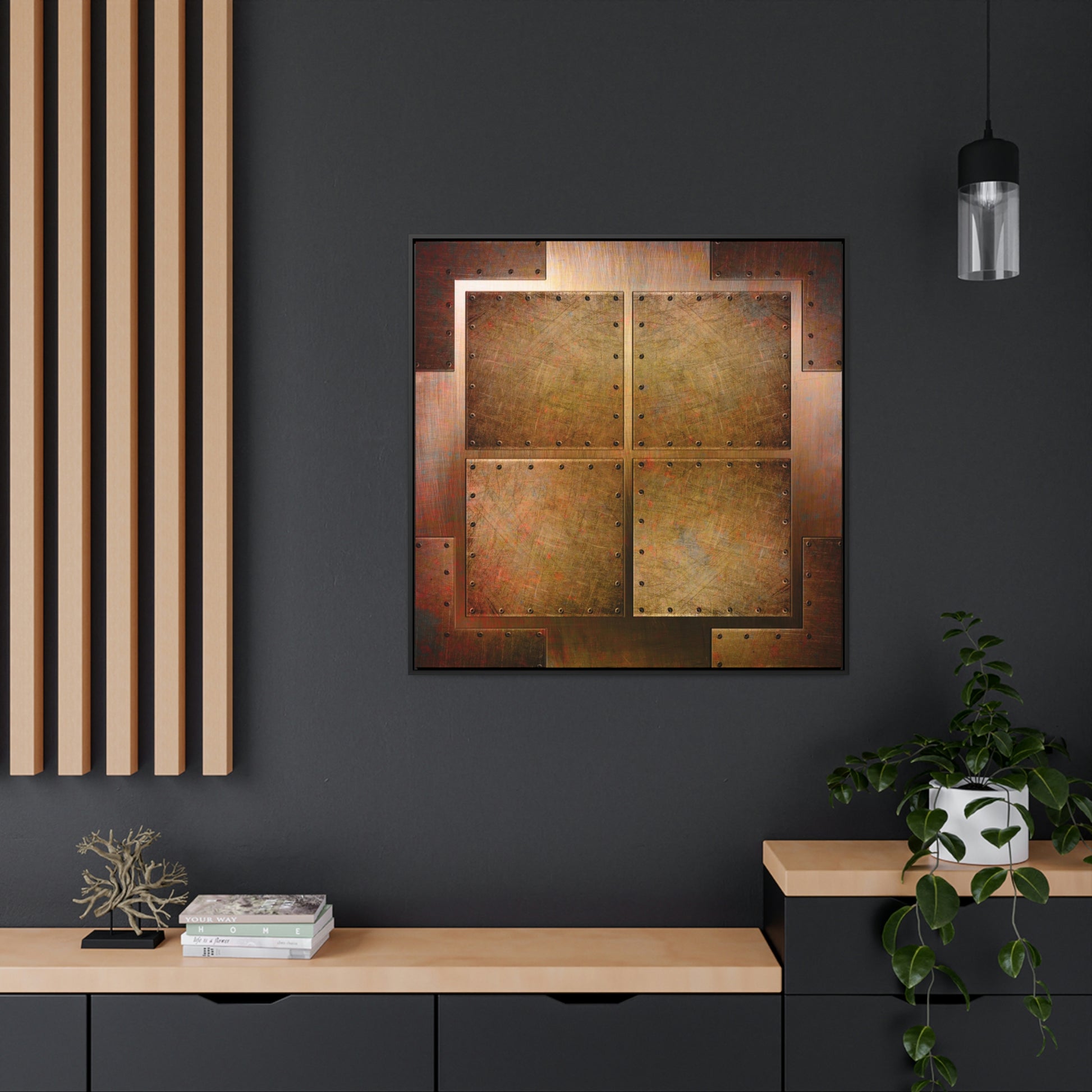Steampunk Themed Framed Wall Art - Distressed, Riveted Copper Sheets Print on Canvas in a Floating Frame hung on black wall