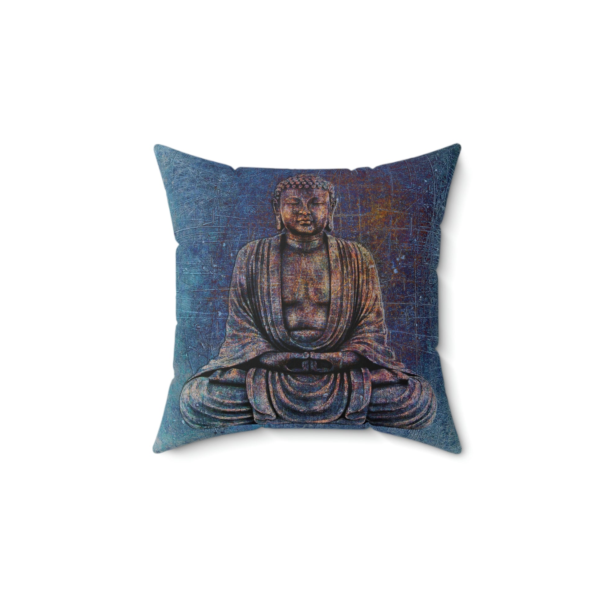 Sitting Buddha On Distressed Stone With Blue Hues Square Pillow 4 sizes available